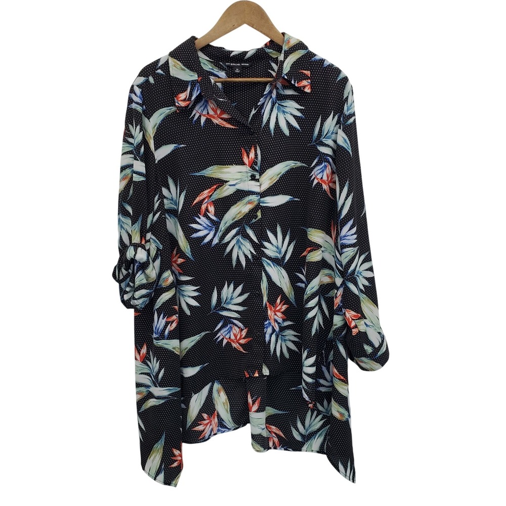 Zac & Rachel Black Polka Dot Floral Button Up Blouse Top Plus 2X Roll Tab Sleeve